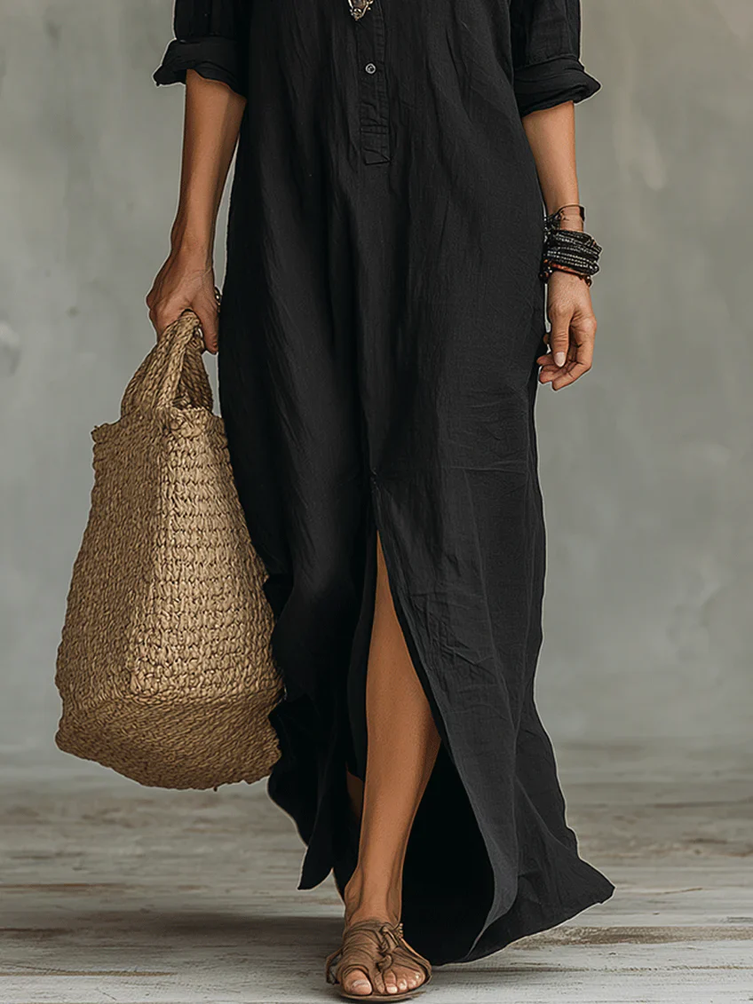 Soline | Vestido largo negro holgado con botones